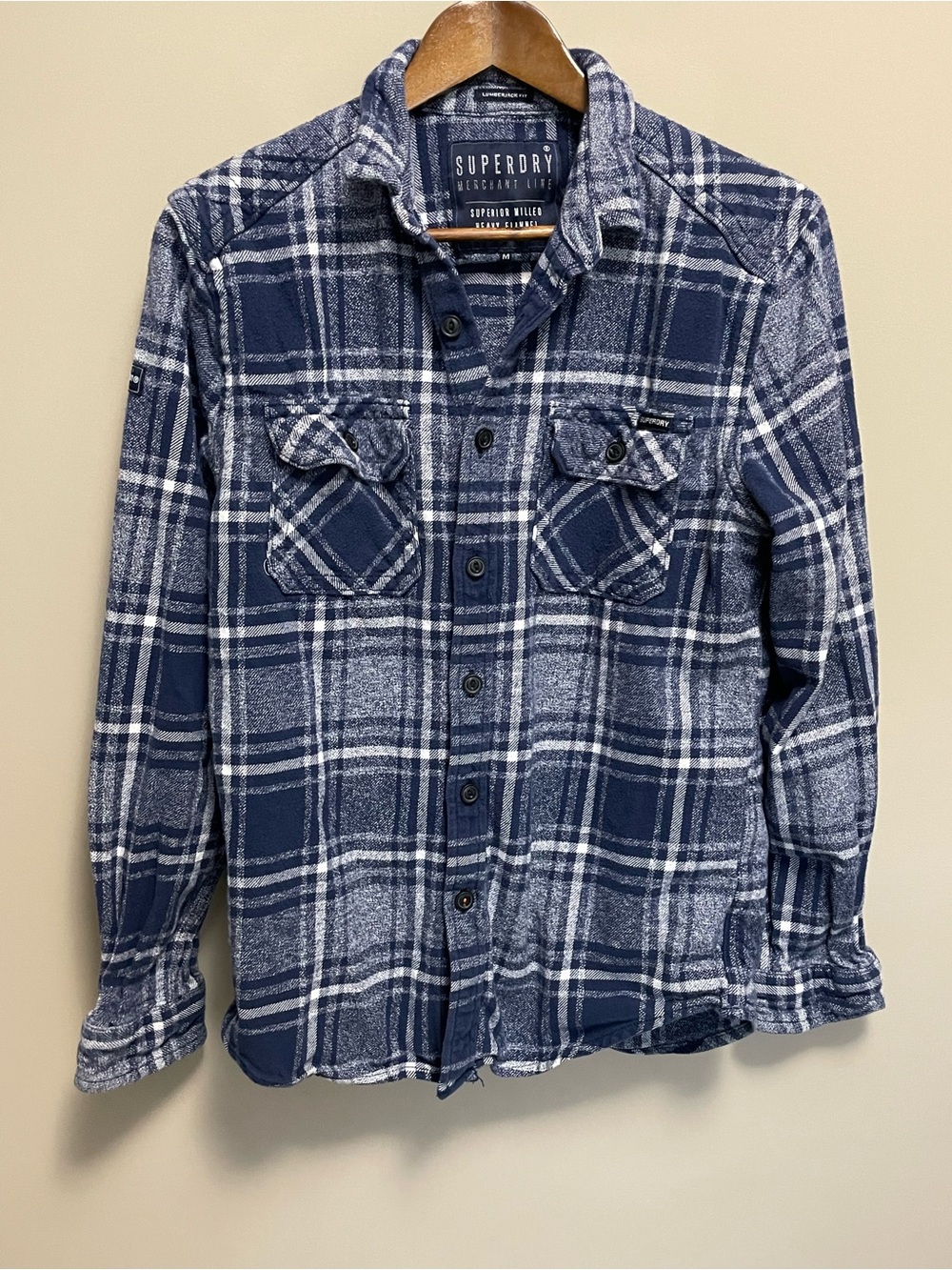 Superdry Navy & White Plaid Button Down Flannel Lumberjack Men’s Medium
